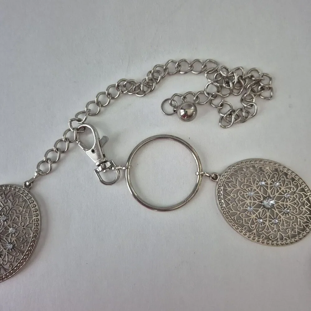 Silver ToneCircle and Oval Filigree Gems Chain Link Waist Hip Belt 44 IN Total